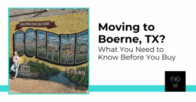 Boerne TX realtor Taryn Pierce in front of the Boerne mural on Main Street. Text overlay Moving to Boerne, TX? What you need to know before you buy