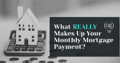 A small house sitting on top of a calculator with coins scattered around, representing a breakdown of mortgage costs. Text overlay reads “What REALLY makes up your monthly mortgage payment?”
