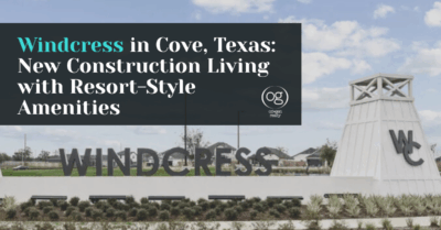 Photo of Windcress subdivision entrance in Cove, TX with Text overlay and Origen Realty Logo for blog post